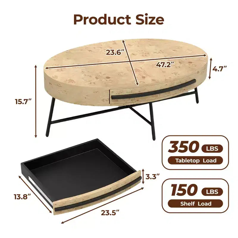 Oval Coffee Table with Drawer Mid-Century Modern Center Table 47.2 Wooden Coffee Table with Storage and Cross Metal Legs Curved Design