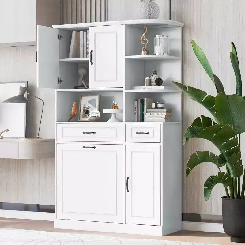 White Tall Freestanding Storage Cabinet Drawers Doors Adjustable Shelves Flip Drawer MDF