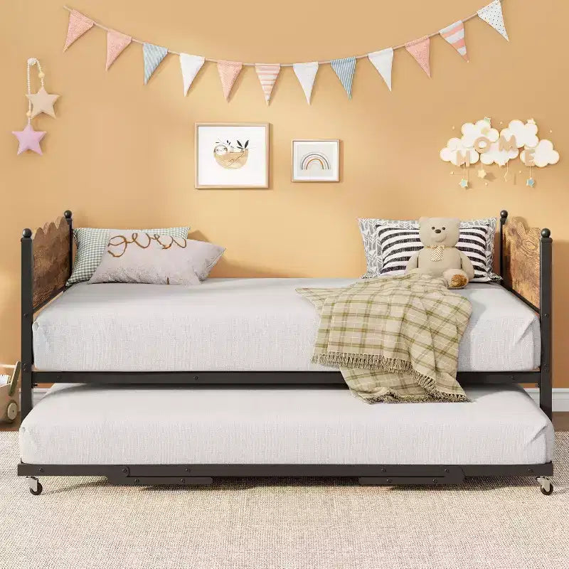 Twin Size Daybed with Trundle, Metal Frame with Wavy Wood Grain Headboard, Lockable Casters, Space-Saving Sofa Bed, No Box Spring Needed