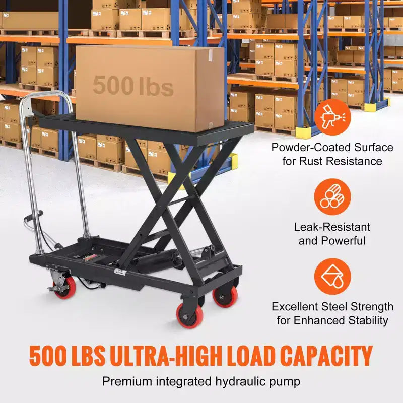 Hydraulic Lift Table Cart, 500lbs Capacity 28.5 Lifting Height, Manual Single Scissor Lift Table with 4 Wheels and Non-slip Pad