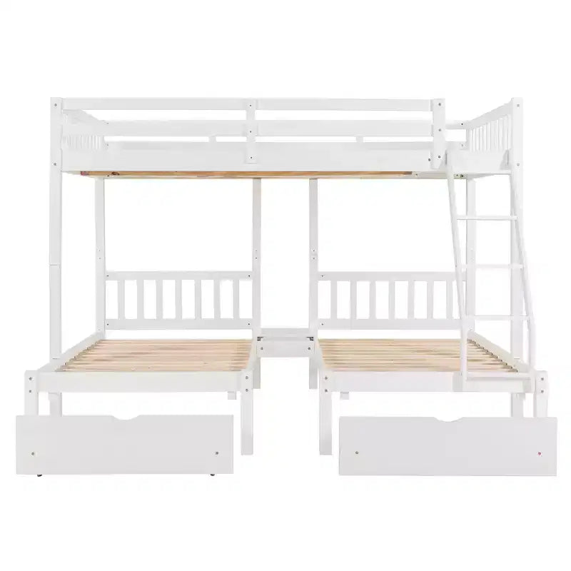 Full Over Twin & Twin Bunk Bed for 3, Wooden Triple Bunk Bed with 2 Storage Drawers, can be Divided into 3 Separate Beds
