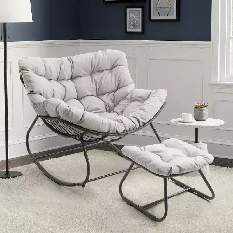 Heynemo Patio Rocking Chair with Ottoman, Outdoor Indoor Rocking Egg Chair with Cushions, Metal Lounge Chair Oversized Papasan Chair, Reading Chair