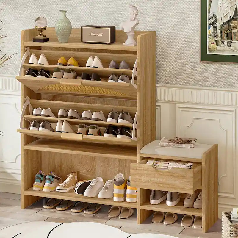 Ensemble meuble à chaussures et banc de couloir avec portes basculantes, étagères ouvertes et tiroir de rangement