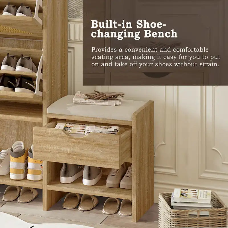 Ensemble meuble à chaussures et banc de couloir avec portes basculantes, étagères ouvertes et tiroir de rangement