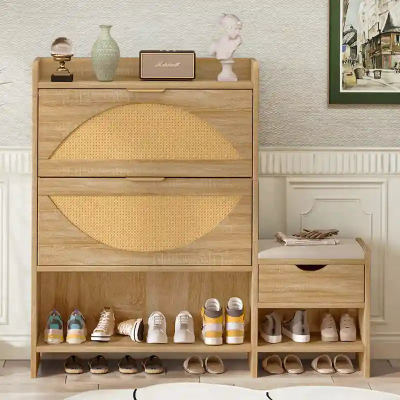 Ensemble meuble à chaussures et banc de couloir avec portes basculantes, étagères ouvertes et tiroir de rangement