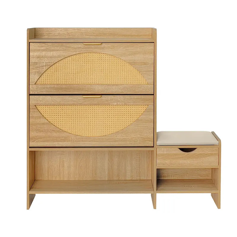 Ensemble meuble à chaussures et banc de couloir avec portes basculantes, étagères ouvertes et tiroir de rangement