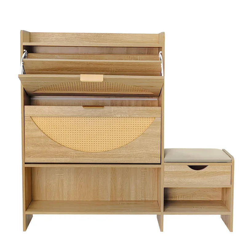 Ensemble meuble à chaussures et banc de couloir avec portes basculantes, étagères ouvertes et tiroir de rangement