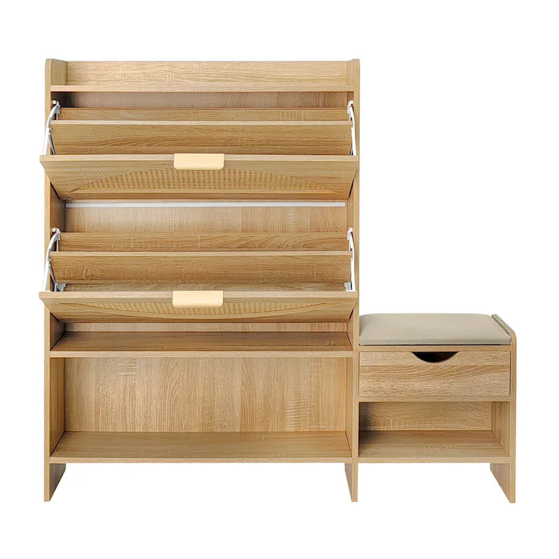 Ensemble meuble à chaussures et banc de couloir avec portes basculantes, étagères ouvertes et tiroir de rangement