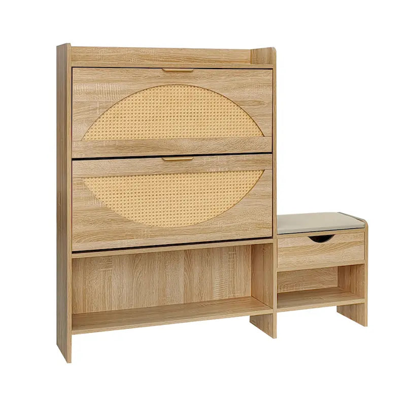 Ensemble meuble à chaussures et banc de couloir avec portes basculantes, étagères ouvertes et tiroir de rangement