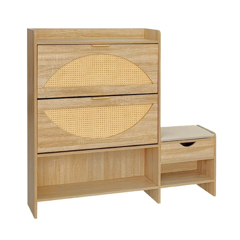 Ensemble meuble à chaussures et banc de couloir avec portes basculantes, étagères ouvertes et tiroir de rangement