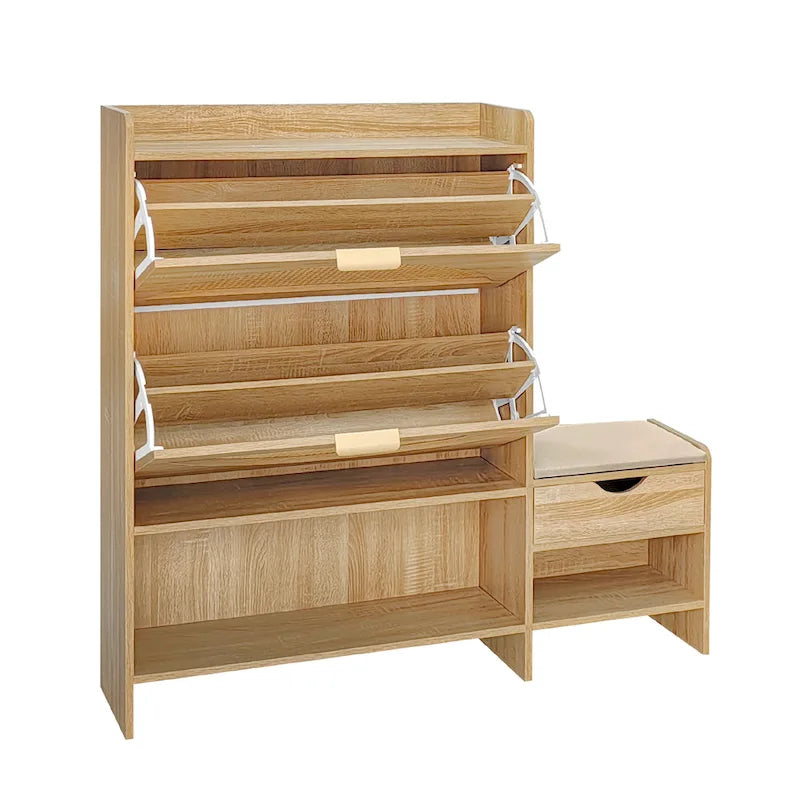 Ensemble meuble à chaussures et banc de couloir avec portes basculantes, étagères ouvertes et tiroir de rangement