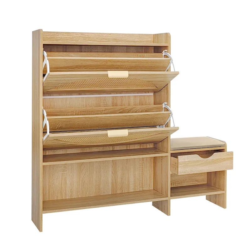 Ensemble meuble à chaussures et banc de couloir avec portes basculantes, étagères ouvertes et tiroir de rangement