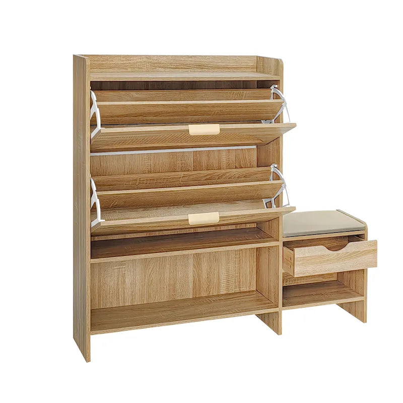 Ensemble meuble à chaussures et banc de couloir avec portes basculantes, étagères ouvertes et tiroir de rangement