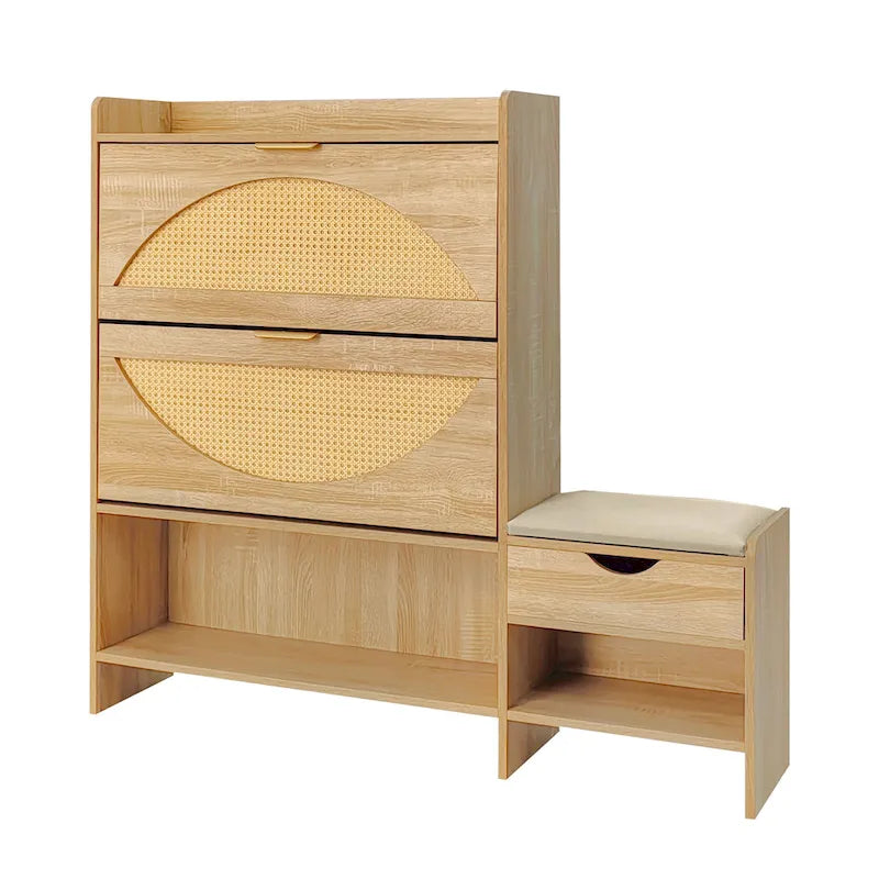 Ensemble meuble à chaussures et banc de couloir avec portes basculantes, étagères ouvertes et tiroir de rangement