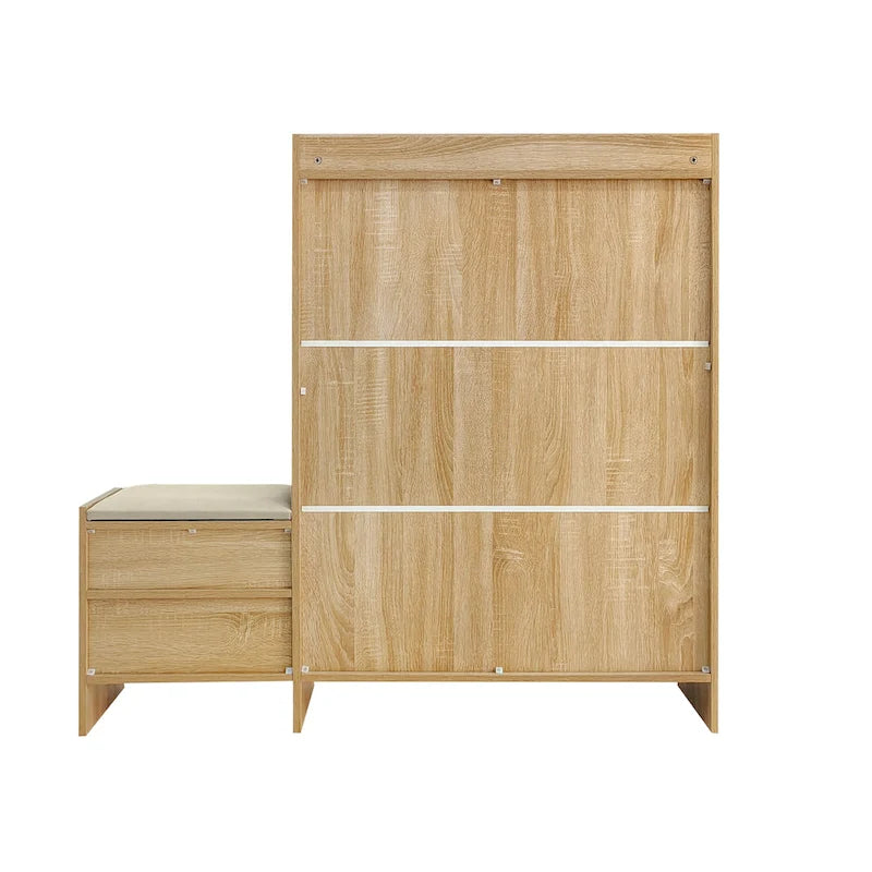 Ensemble meuble à chaussures et banc de couloir avec portes basculantes, étagères ouvertes et tiroir de rangement