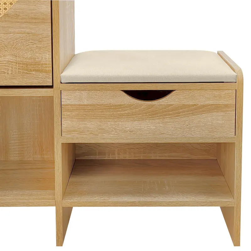 Ensemble meuble à chaussures et banc de couloir avec portes basculantes, étagères ouvertes et tiroir de rangement