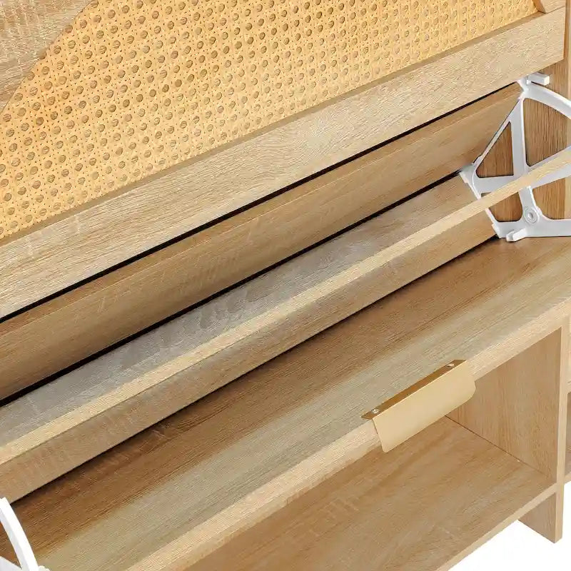 Ensemble meuble à chaussures et banc de couloir avec portes basculantes, étagères ouvertes et tiroir de rangement