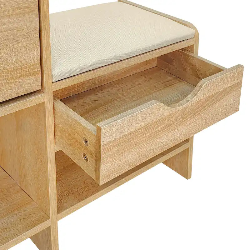 Ensemble meuble à chaussures et banc de couloir avec portes basculantes, étagères ouvertes et tiroir de rangement