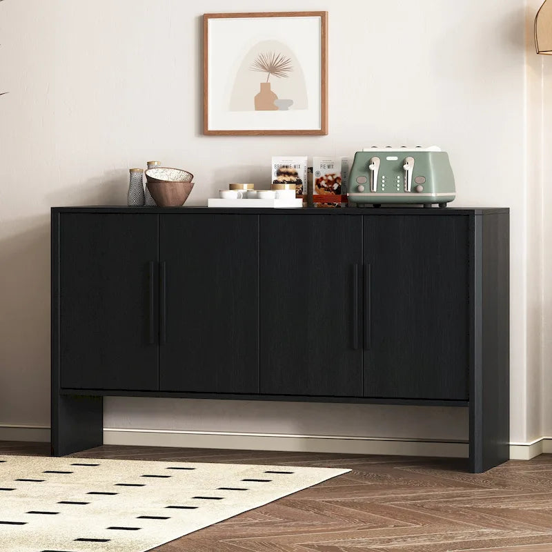 Buffet de Rangement 4 Portes avec Étagères Réglables, Poignées Linéaires en Métal et Passe-Câbles