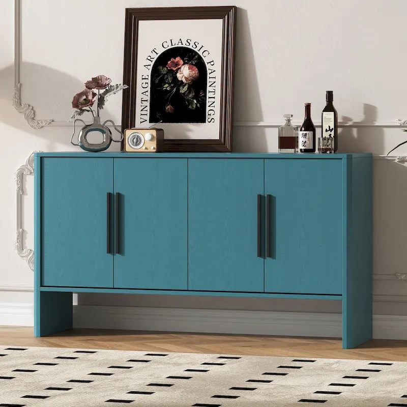 Buffet de Rangement 4 Portes avec Étagères Réglables, Poignées Linéaires en Métal et Passe-Câbles