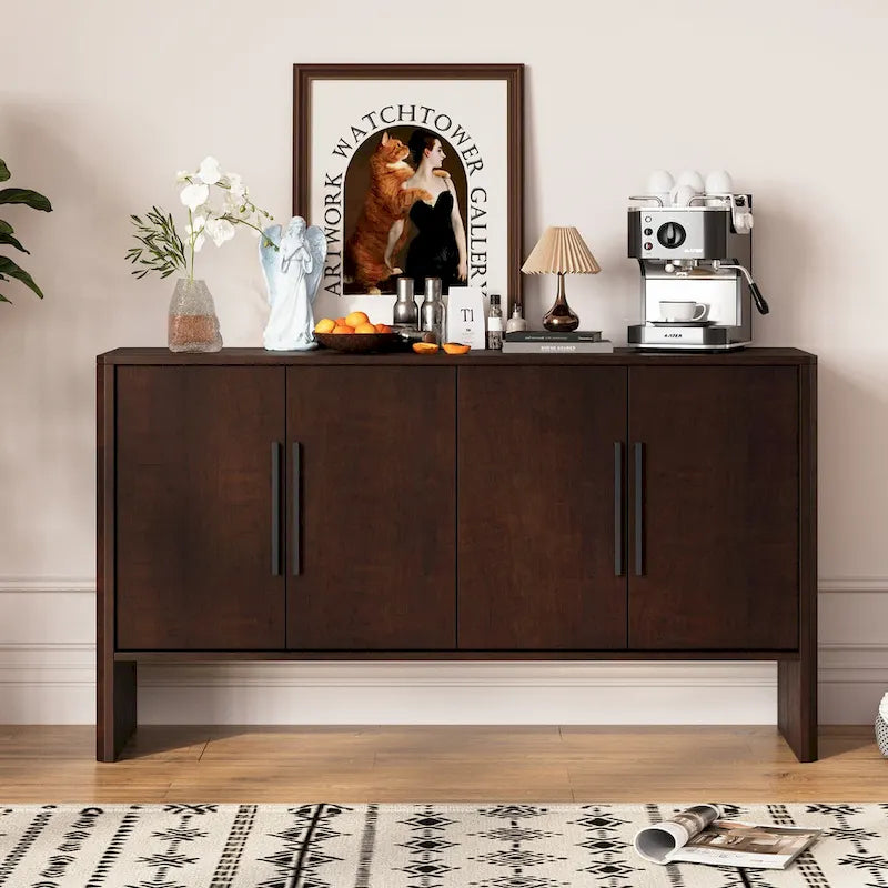 Buffet de Rangement 4 Portes avec Étagères Réglables, Poignées Linéaires en Métal et Passe-Câbles