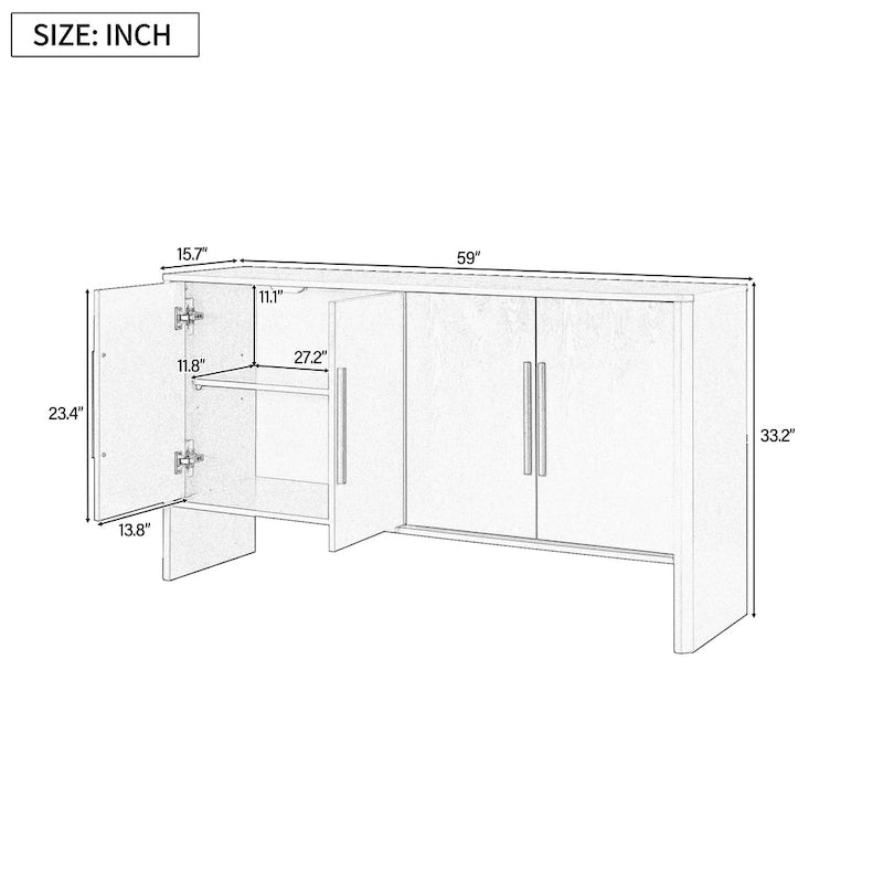 Buffet de Rangement 4 Portes avec Étagères Réglables, Poignées Linéaires en Métal et Passe-Câbles