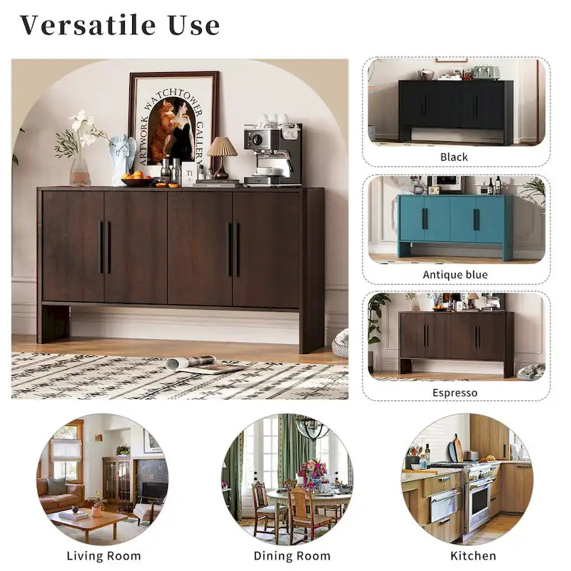 Buffet de Rangement 4 Portes avec Étagères Réglables, Poignées Linéaires en Métal et Passe-Câbles
