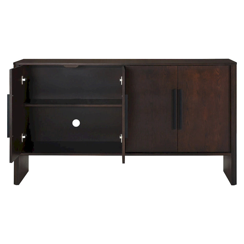 Buffet de Rangement 4 Portes avec Étagères Réglables, Poignées Linéaires en Métal et Passe-Câbles