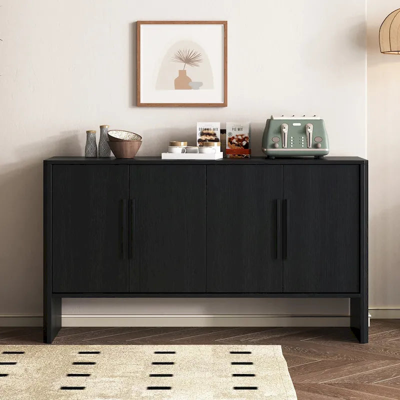 Buffet de Rangement 4 Portes avec Étagères Réglables, Poignées Linéaires en Métal et Passe-Câbles