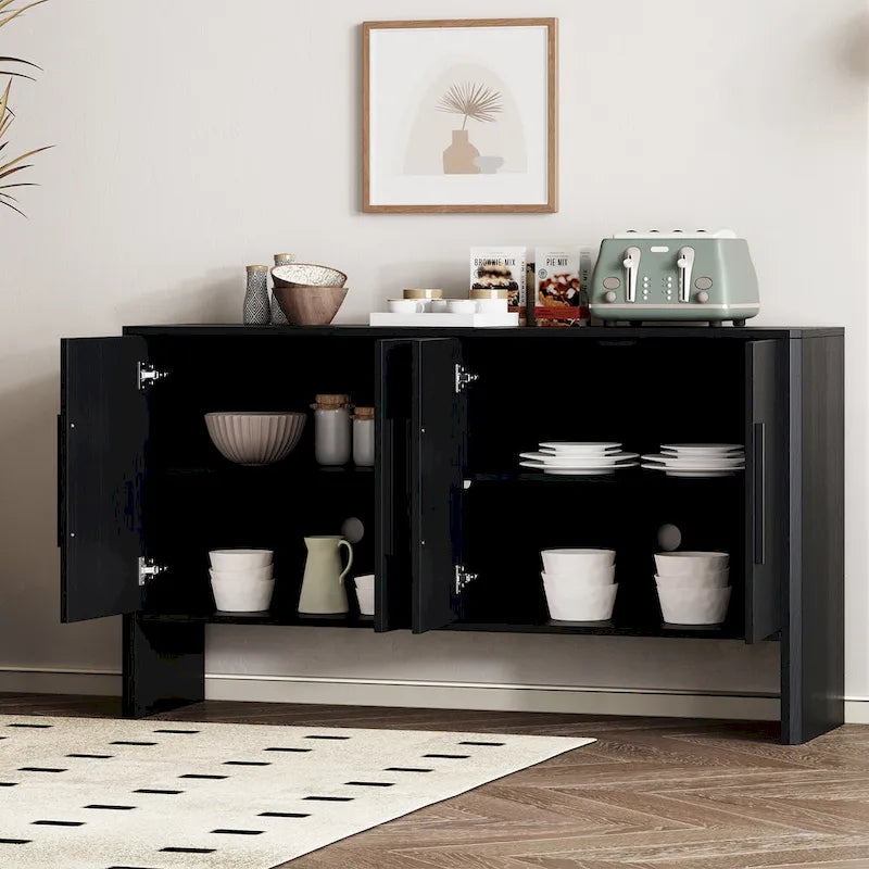 Buffet de Rangement 4 Portes avec Étagères Réglables, Poignées Linéaires en Métal et Passe-Câbles