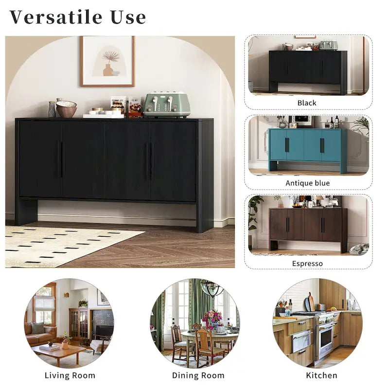 Buffet de Rangement 4 Portes avec Étagères Réglables, Poignées Linéaires en Métal et Passe-Câbles