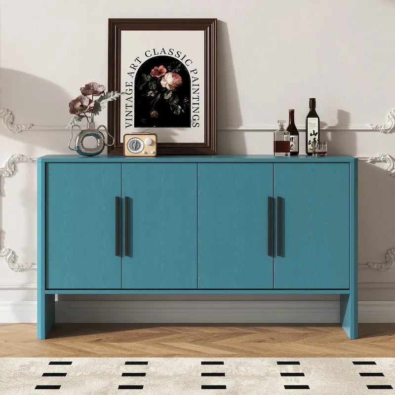 Buffet de Rangement 4 Portes avec Étagères Réglables, Poignées Linéaires en Métal et Passe-Câbles
