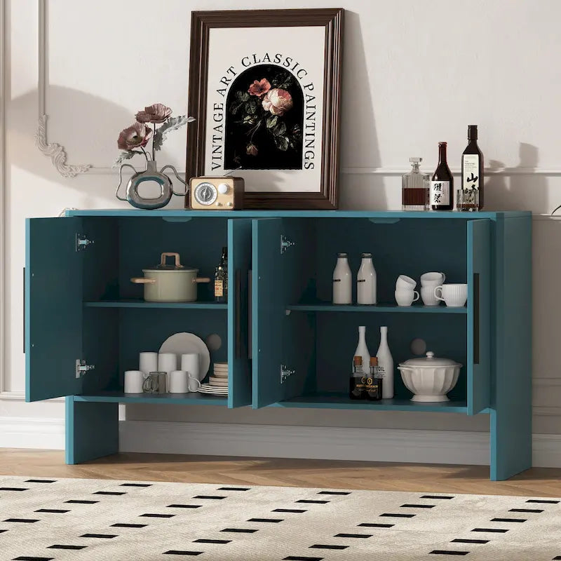 Buffet de Rangement 4 Portes avec Étagères Réglables, Poignées Linéaires en Métal et Passe-Câbles
