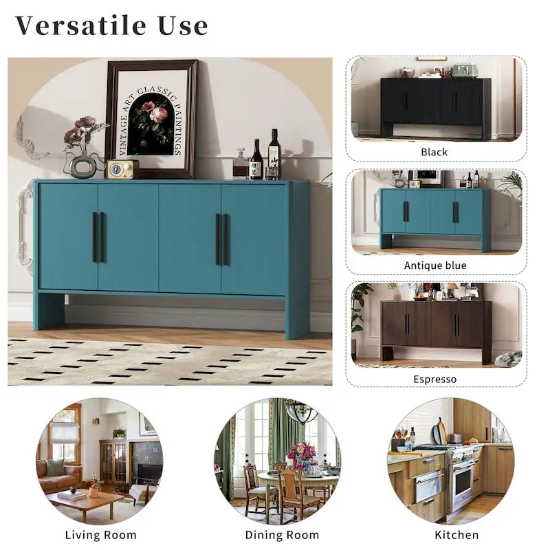 Buffet de Rangement 4 Portes avec Étagères Réglables, Poignées Linéaires en Métal et Passe-Câbles