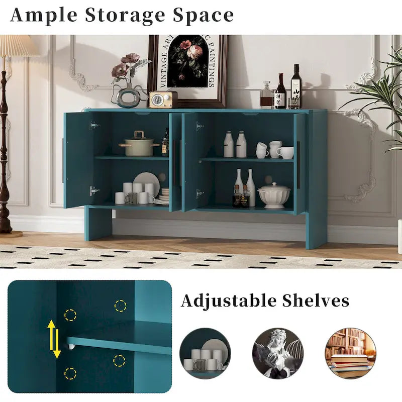 Buffet de Rangement 4 Portes avec Étagères Réglables, Poignées Linéaires en Métal et Passe-Câbles