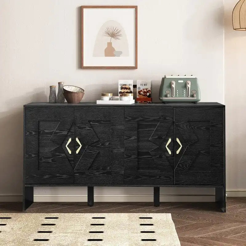 Buffet commode noir Mid-Century Modern avec 4 portes géométriques