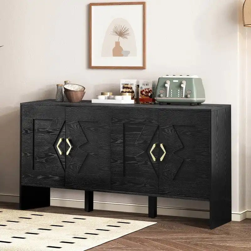 Buffet commode noir Mid-Century Modern avec 4 portes géométriques