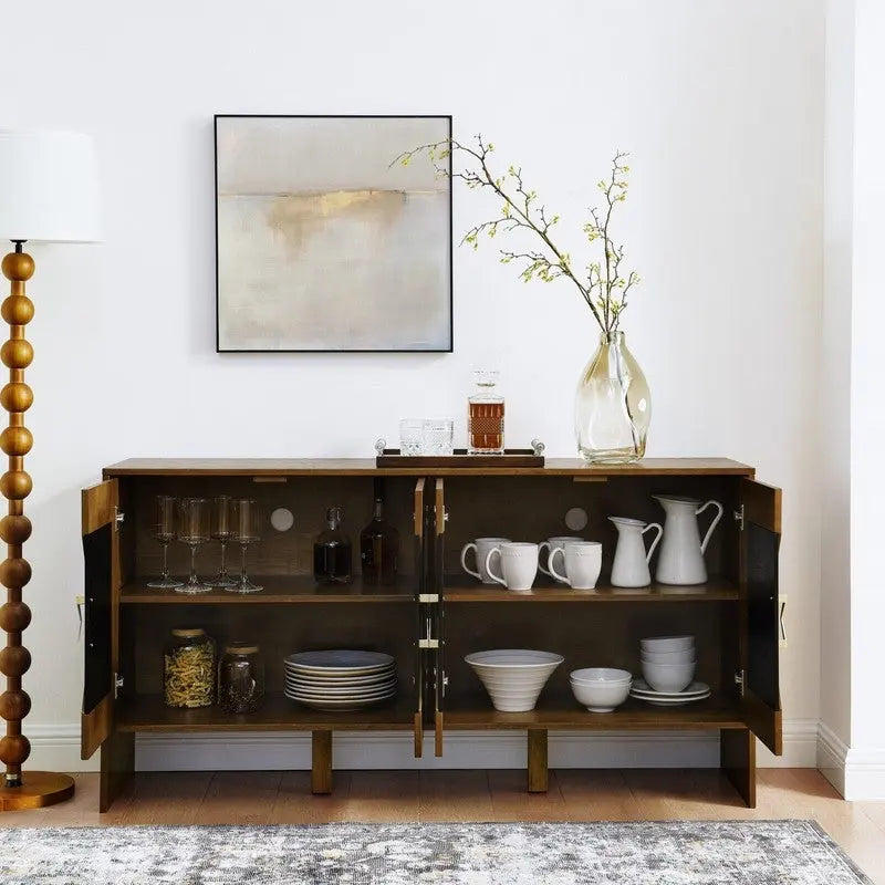 Buffet commode noir Mid-Century Modern avec 4 portes géométriques
