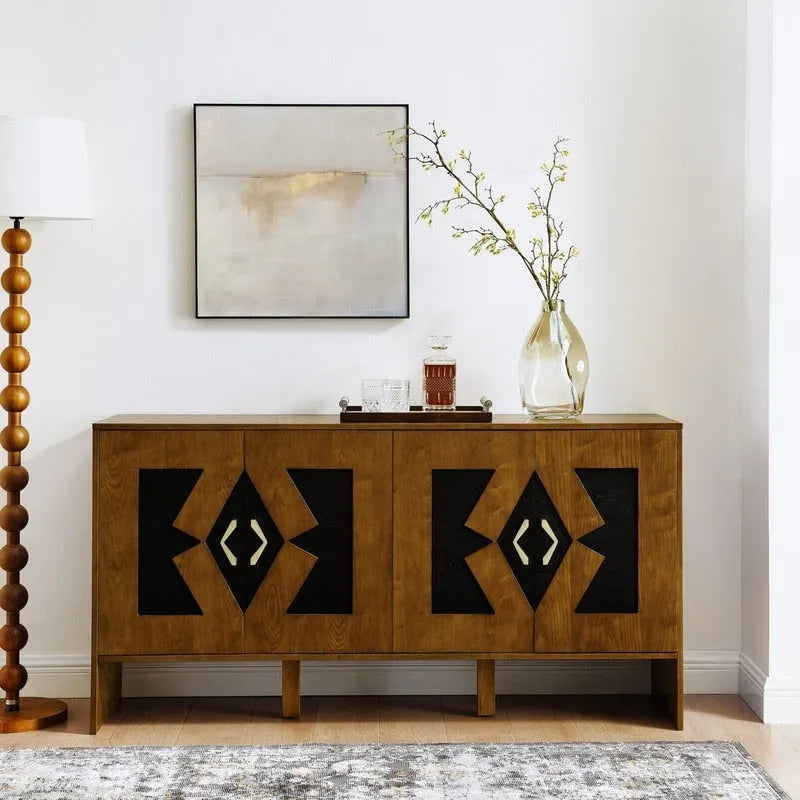 Buffet commode noir Mid-Century Modern avec 4 portes géométriques