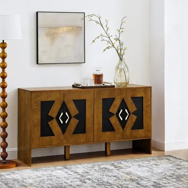 Buffet commode noir Mid-Century Modern avec 4 portes géométriques