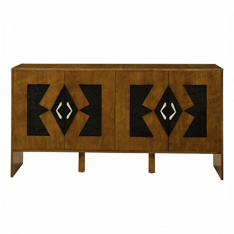 Buffet commode noir Mid-Century Modern avec 4 portes géométriques