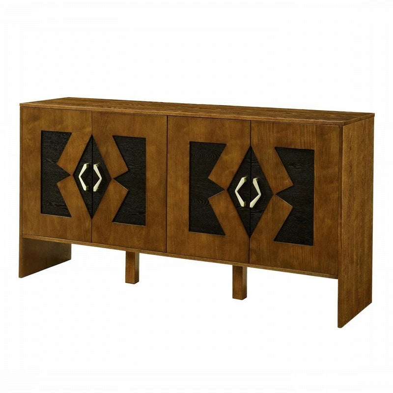 Buffet commode noir Mid-Century Modern avec 4 portes géométriques