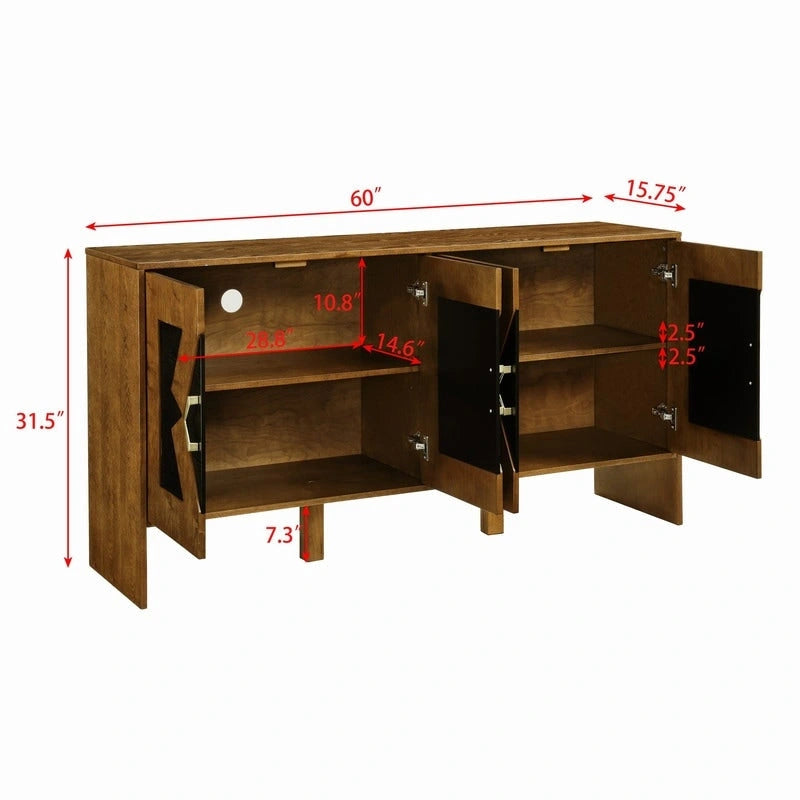 Buffet commode noir Mid-Century Modern avec 4 portes géométriques
