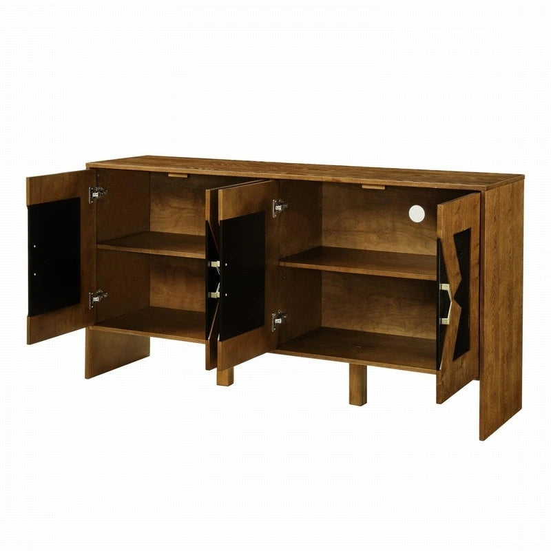 Buffet commode noir Mid-Century Modern avec 4 portes géométriques