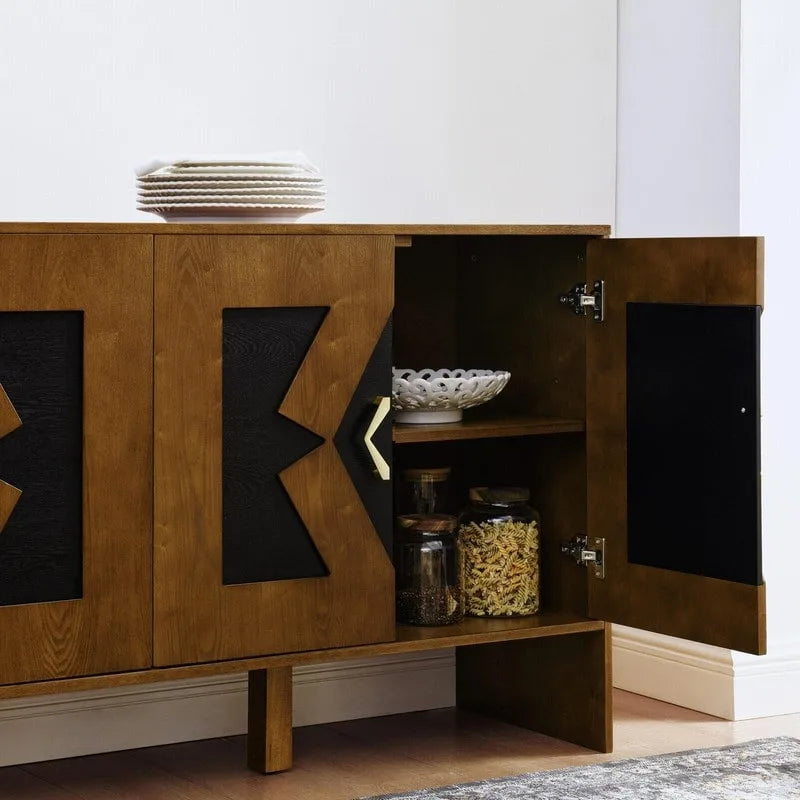 Buffet commode noir Mid-Century Modern avec 4 portes géométriques