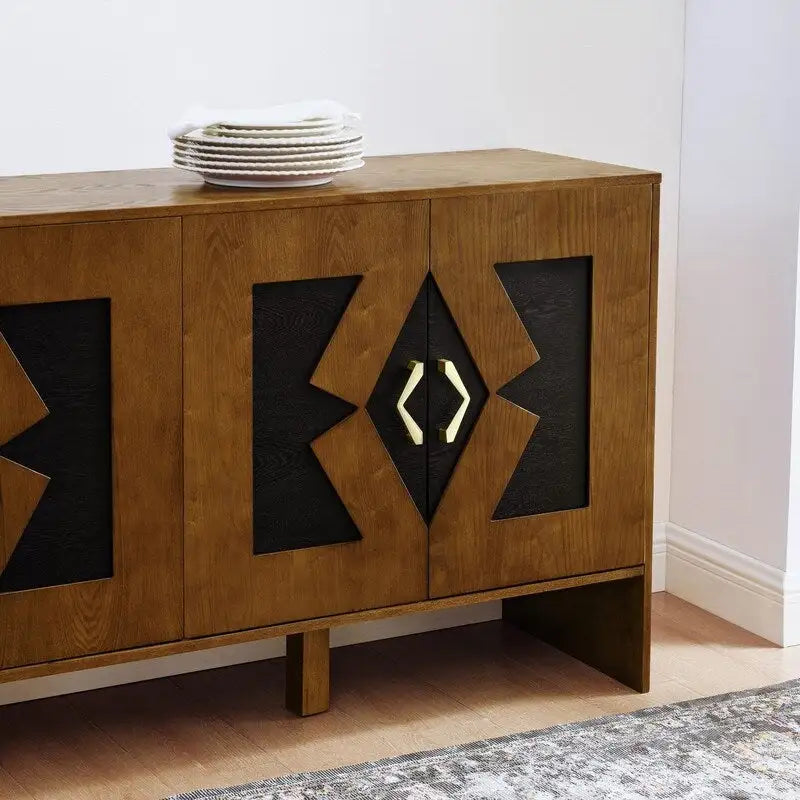 Buffet commode noir Mid-Century Modern avec 4 portes géométriques