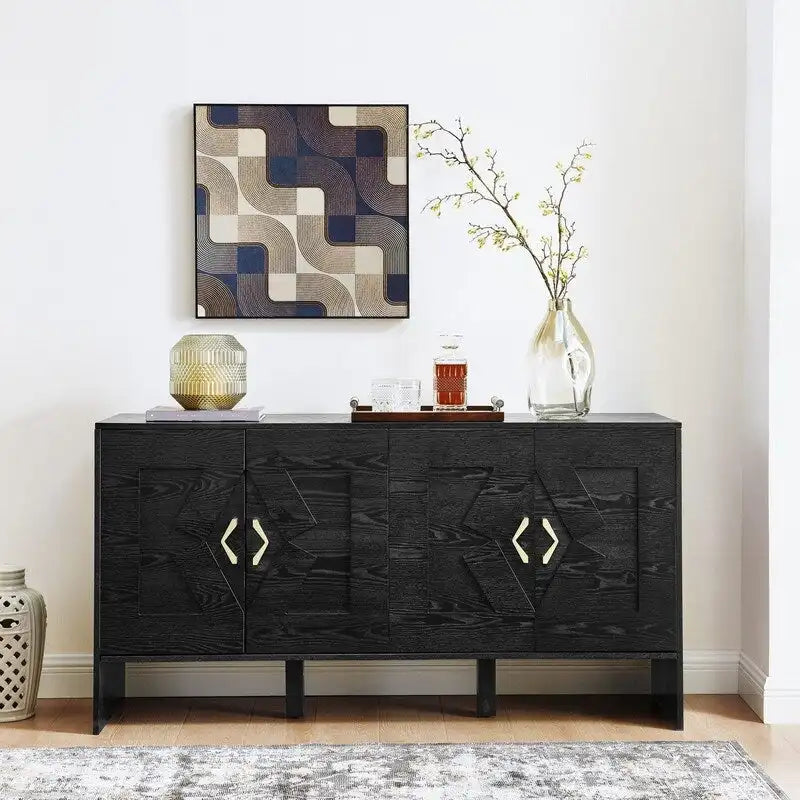 Buffet commode noir Mid-Century Modern avec 4 portes géométriques