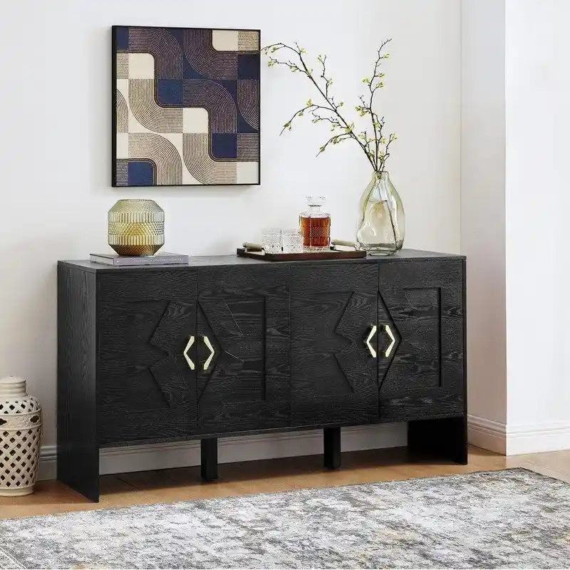 Buffet commode noir Mid-Century Modern avec 4 portes géométriques