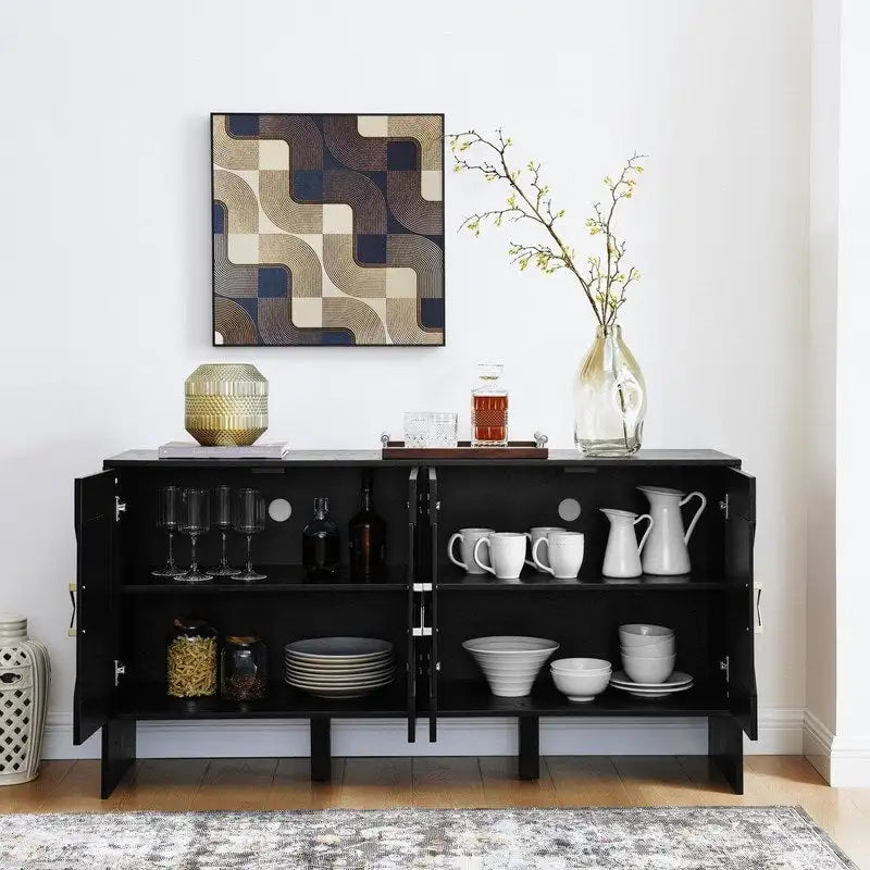 Buffet commode noir Mid-Century Modern avec 4 portes géométriques