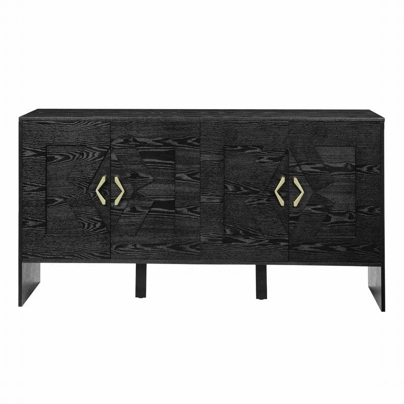 Buffet commode noir Mid-Century Modern avec 4 portes géométriques